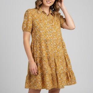 NEW Monteau Floral Tiered Dress LARGE Midi Mustard LARGE Boho Cottage